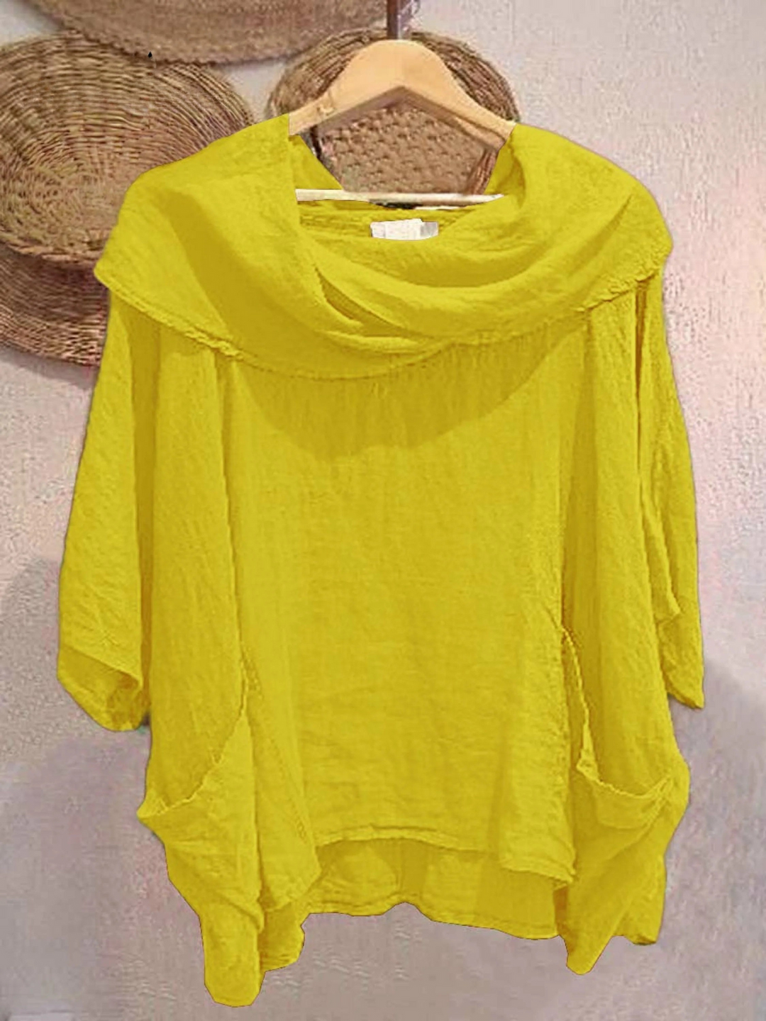 Jocelyn | Casual women’s blouse with draped collar, 3/4 sleeves, pocket, and solid color design