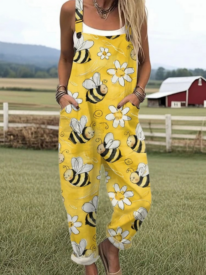 Zara | Women's linen jumpsuit with flying bee print, casual wide-leg style