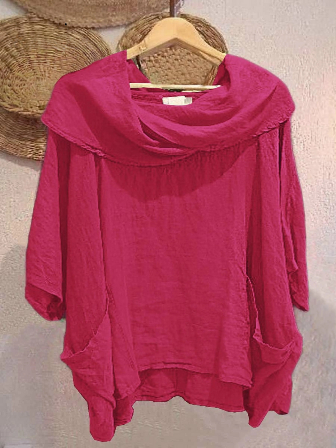 Jocelyn | Casual women’s blouse with draped collar, 3/4 sleeves, pocket, and solid color design