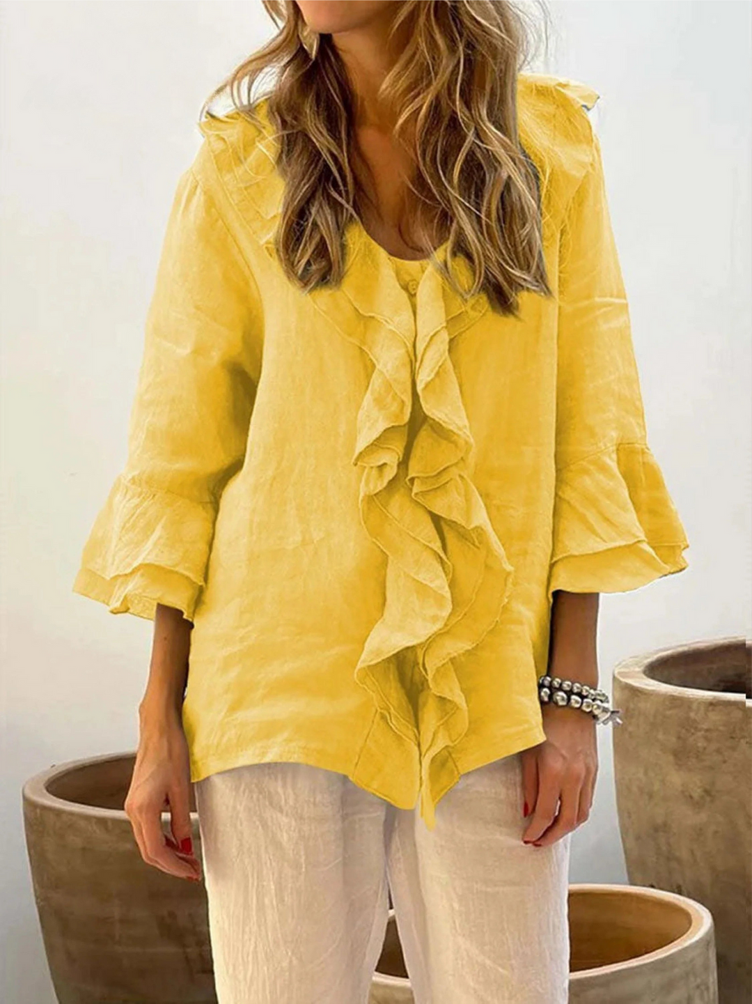 Quinn | Women's casual ruffle sleeve three-fourths sleeve shirt