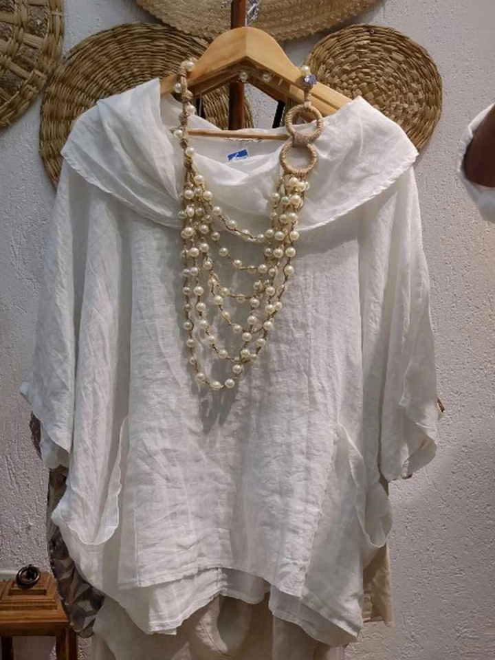 Jocelyn | Casual women’s blouse with draped collar, 3/4 sleeves, pocket, and solid color design