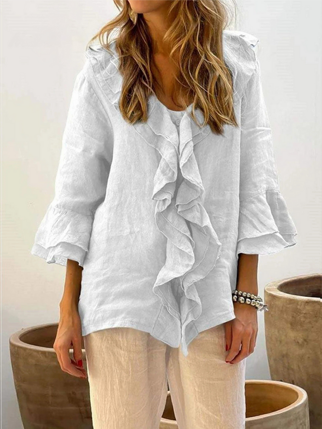 Quinn | Women's casual ruffle sleeve three-fourths sleeve shirt