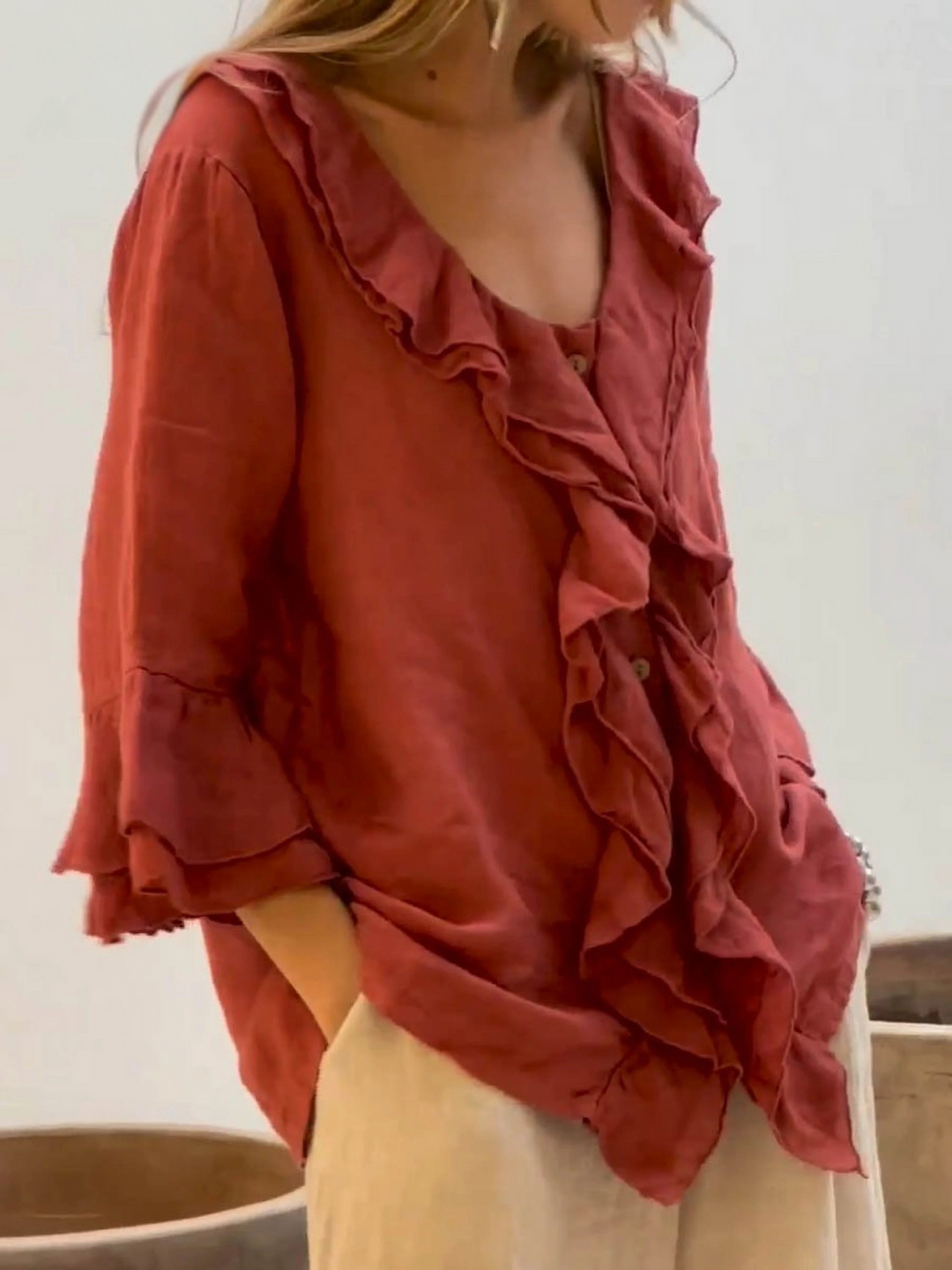 Quinn | Women's casual ruffle sleeve three-fourths sleeve shirt