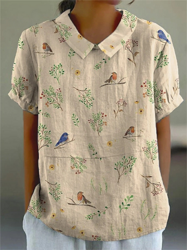Penelope | Casual women’s shirt with branch and robin pattern