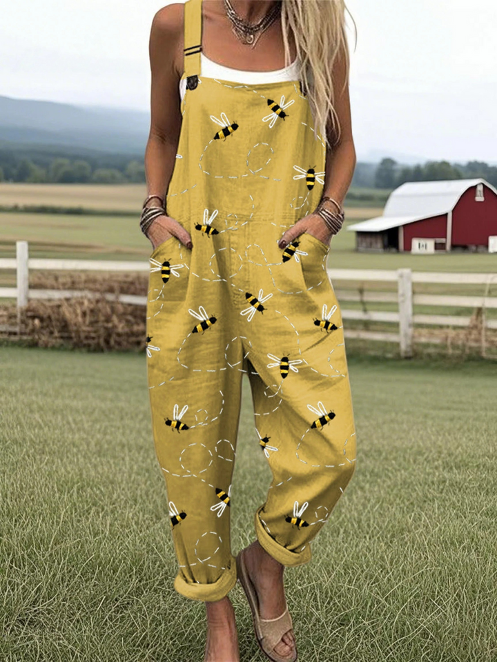 Zara | Women's linen jumpsuit with flying bee print, casual wide-leg style