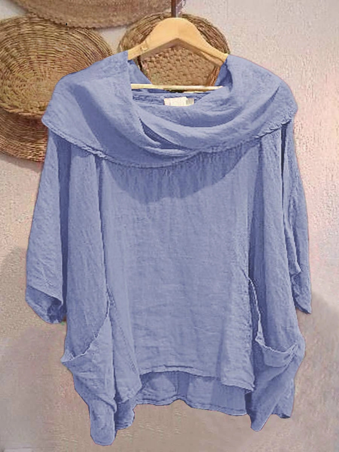 Jocelyn | Casual women’s blouse with draped collar, 3/4 sleeves, pocket, and solid color design