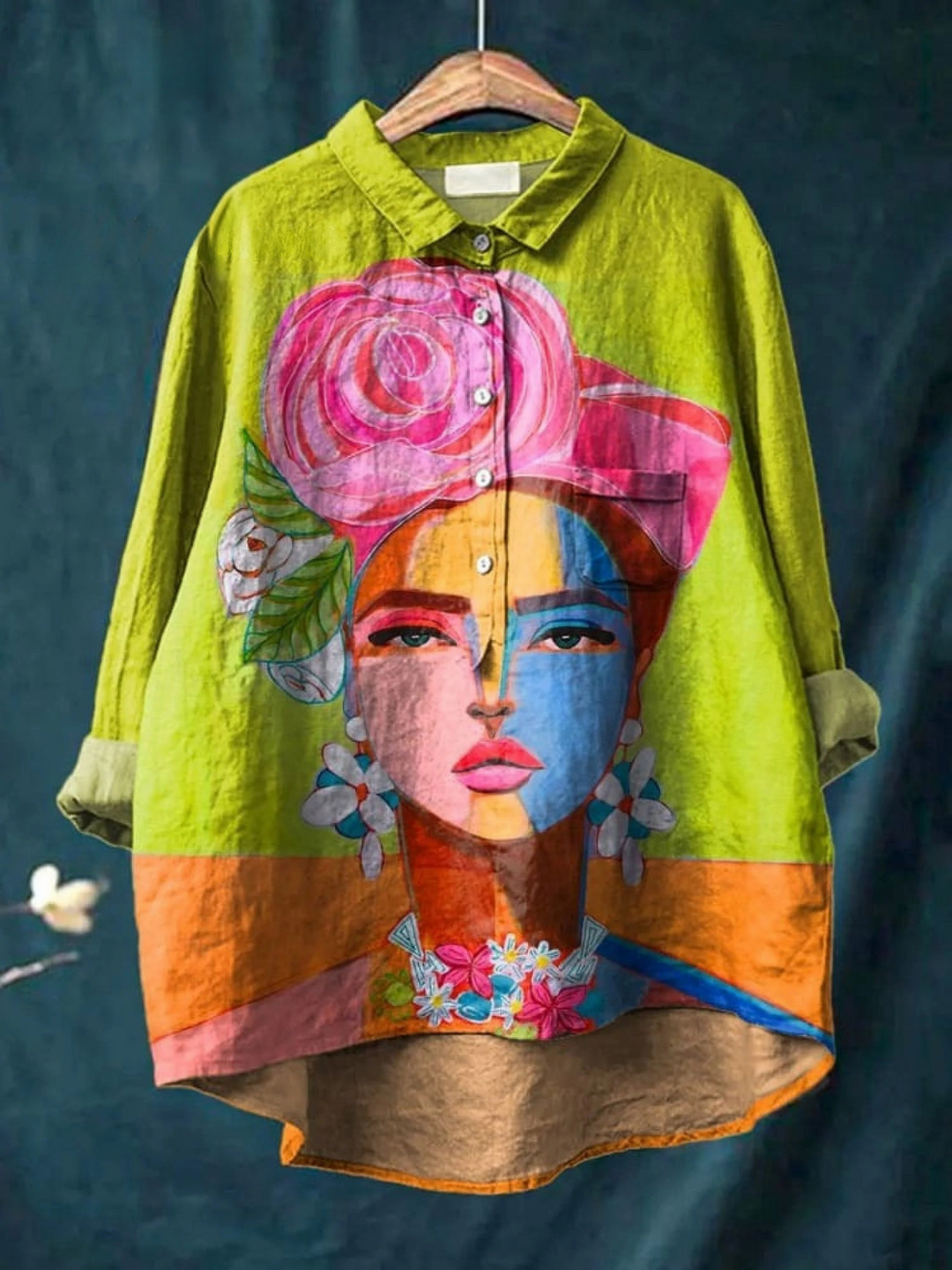 Hilda | Oil painting Freda portrait art printed women’s casual linen shirt