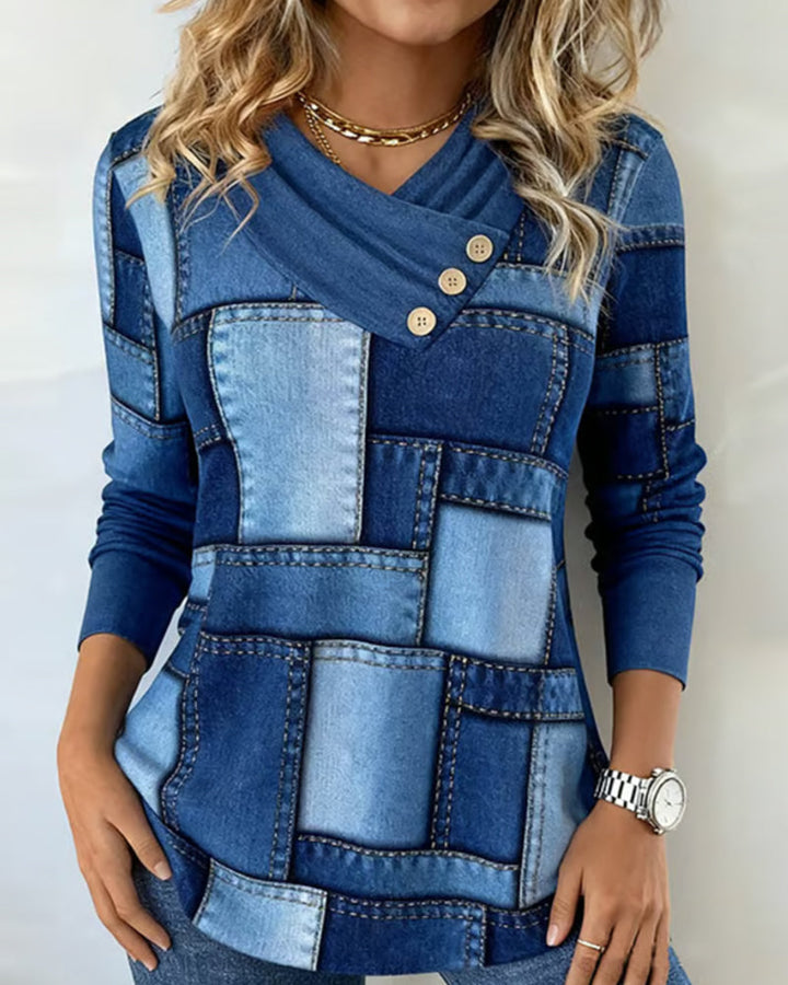 Ivy | Long Sleeve V-Neck Top with Solid Contrast