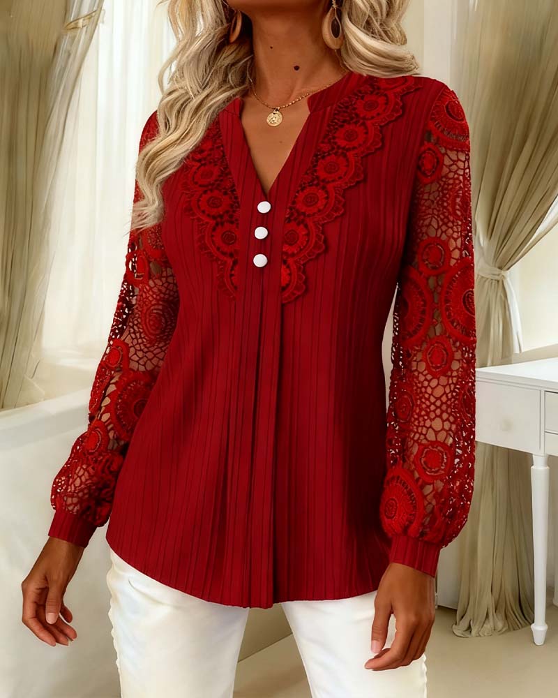 Naomi | Lace Blouse with Panels Long Sleeves V-Neck