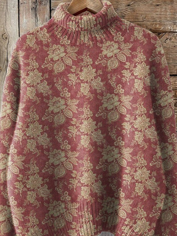 Retro Rose Print Knit Turtleneck Sweater