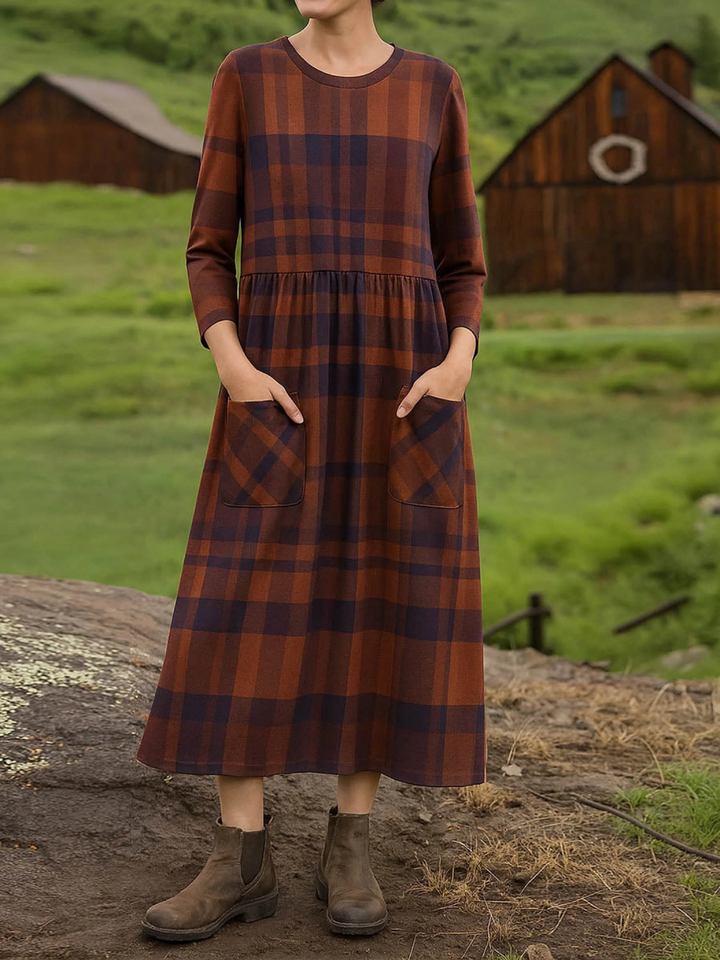 Rosalind | Women’s cozy plaid print long sleeve A-line cotton dress with round neck