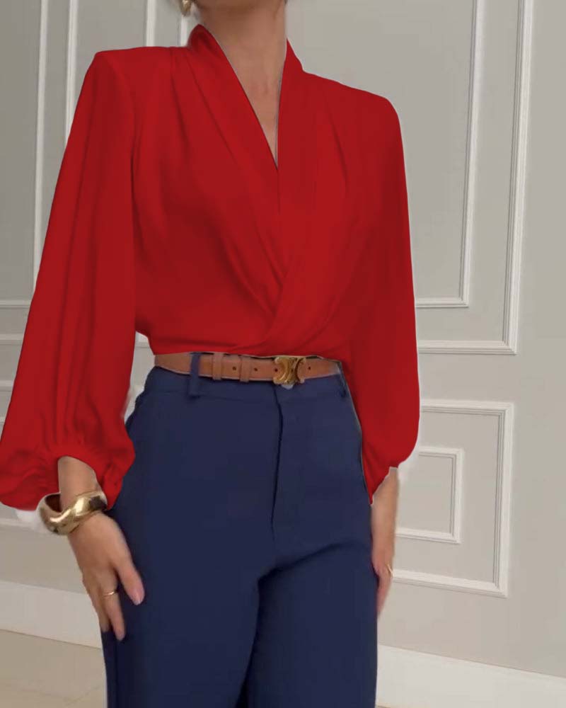 Sky | Trendy Lantern Sleeve Blouse with Solid V-Neck