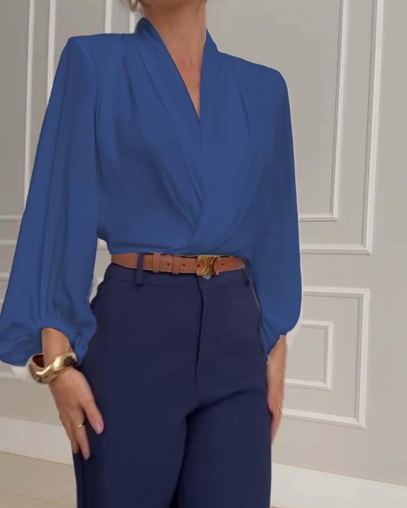 Sky | Trendy Lantern Sleeve Blouse with Solid V-Neck