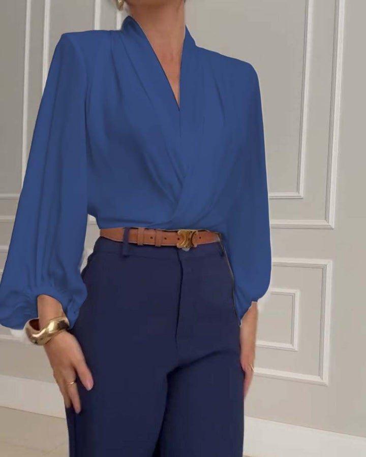 Sky | Trendy Lantern Sleeve Blouse with Solid V-Neck
