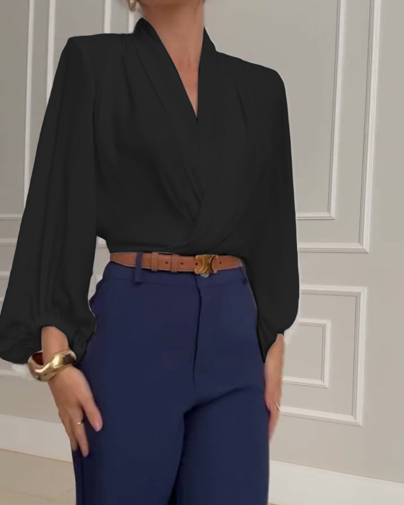 Sky | Trendy Lantern Sleeve Blouse with Solid V-Neck