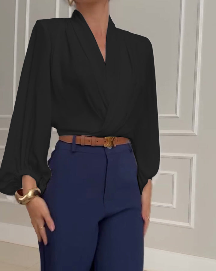 Sky | Trendy Lantern Sleeve Blouse with Solid V-Neck