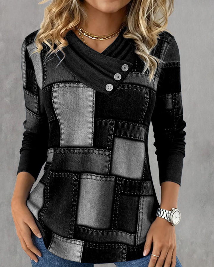 Ivy | Long Sleeve V-Neck Top with Solid Contrast