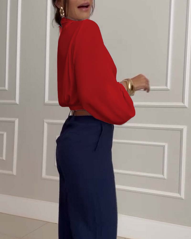 Sky | Trendy Lantern Sleeve Blouse with Solid V-Neck