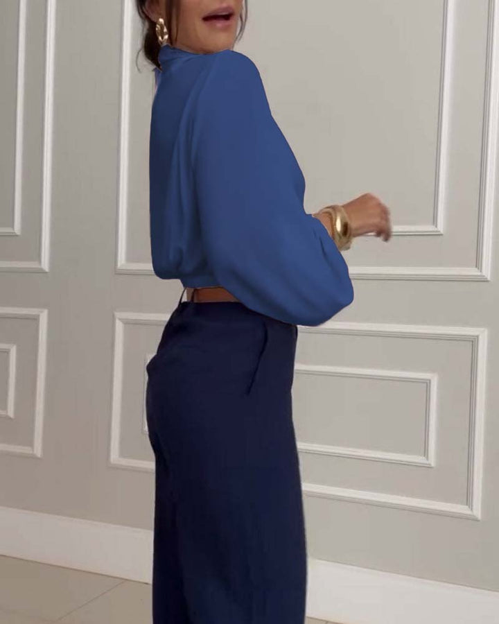 Sky | Trendy Lantern Sleeve Blouse with Solid V-Neck