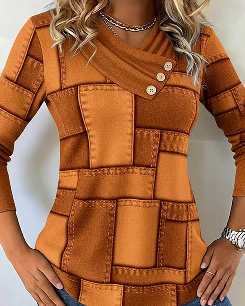 Ivy | Long Sleeve V-Neck Top with Solid Contrast