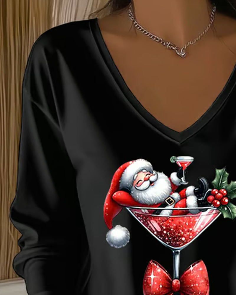 Lavinia | Loose V-Neck Top with Christmas Wine Glass Print