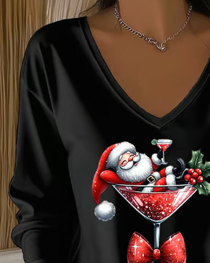 Lavinia | Loose V-Neck Top with Christmas Wine Glass Print
