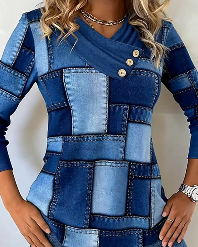 Ivy | Long Sleeve V-Neck Top with Solid Contrast