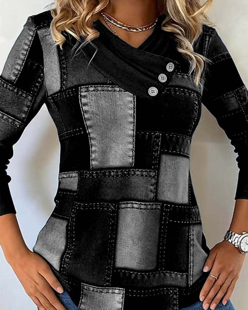 Ivy | Long Sleeve V-Neck Top with Solid Contrast