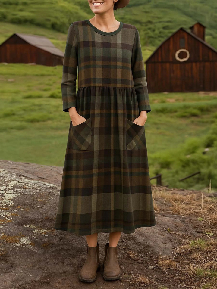 Rosalind | Women’s cozy plaid print long sleeve A-line cotton dress with round neck