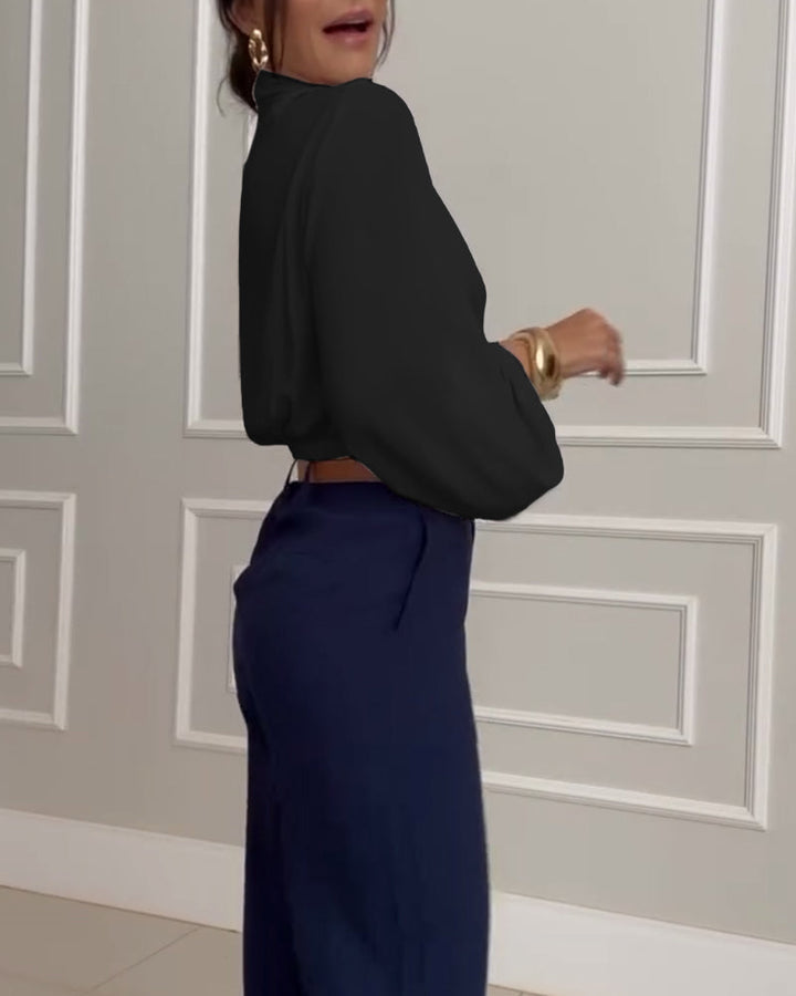 Sky | Trendy Lantern Sleeve Blouse with Solid V-Neck