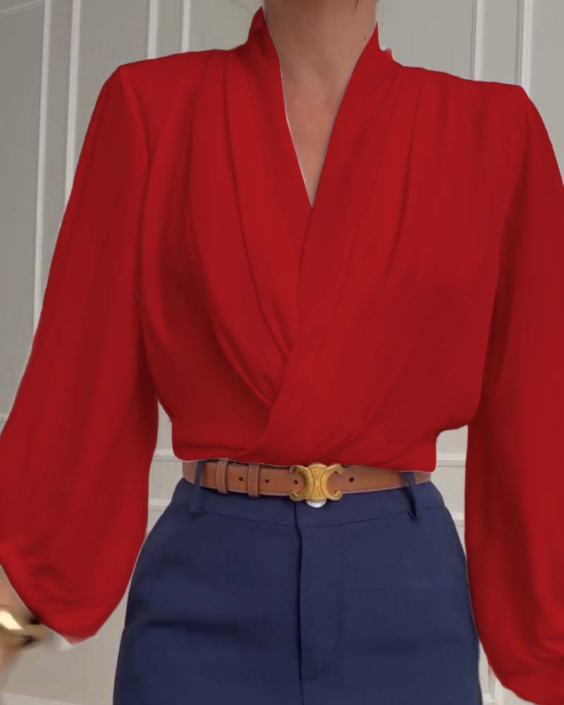 Sky | Trendy Lantern Sleeve Blouse with Solid V-Neck
