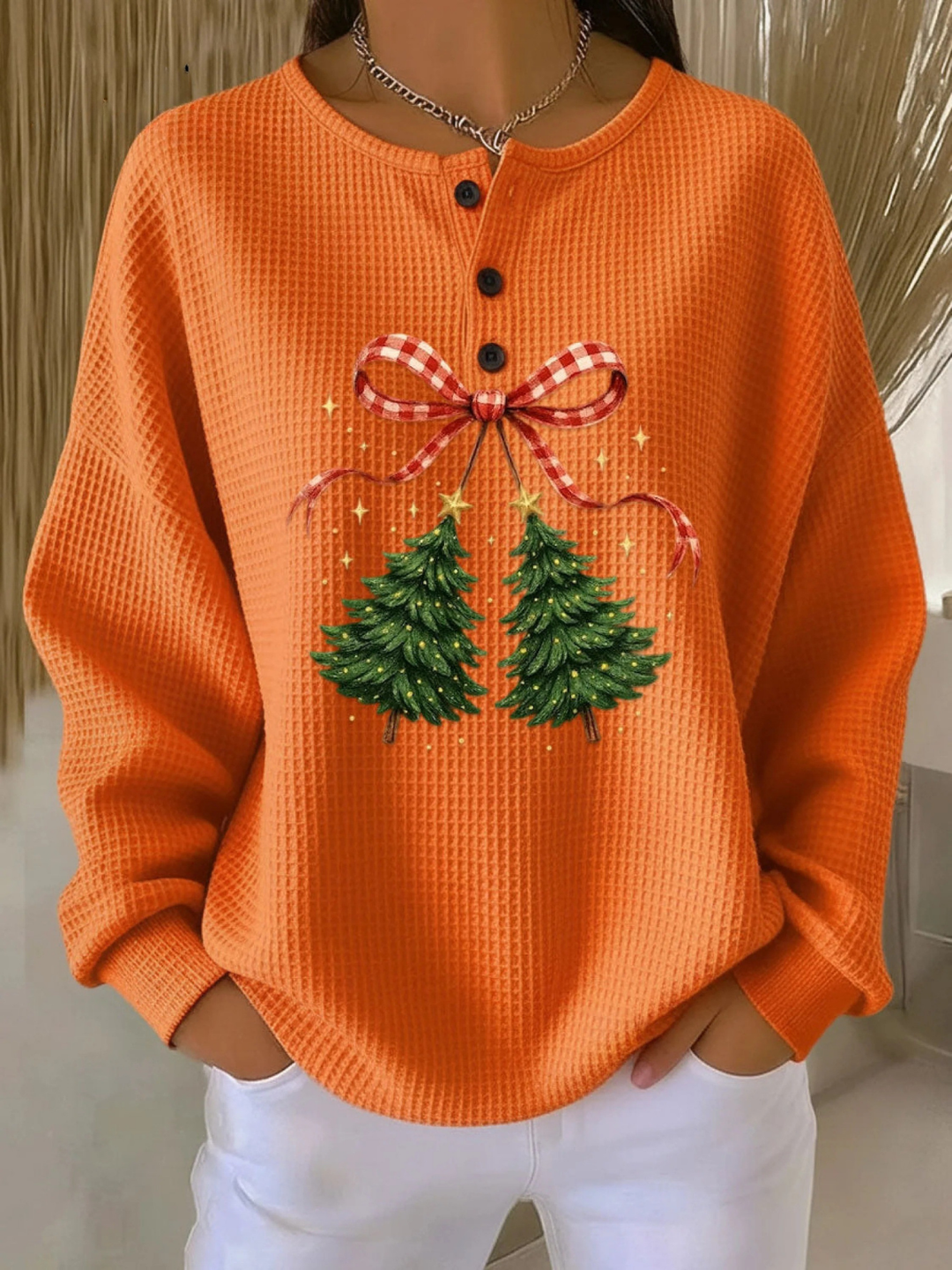 Xanthe | Women's vintage Christmas tree artistic print casual cotton shirt – festive and stylish holiday wear