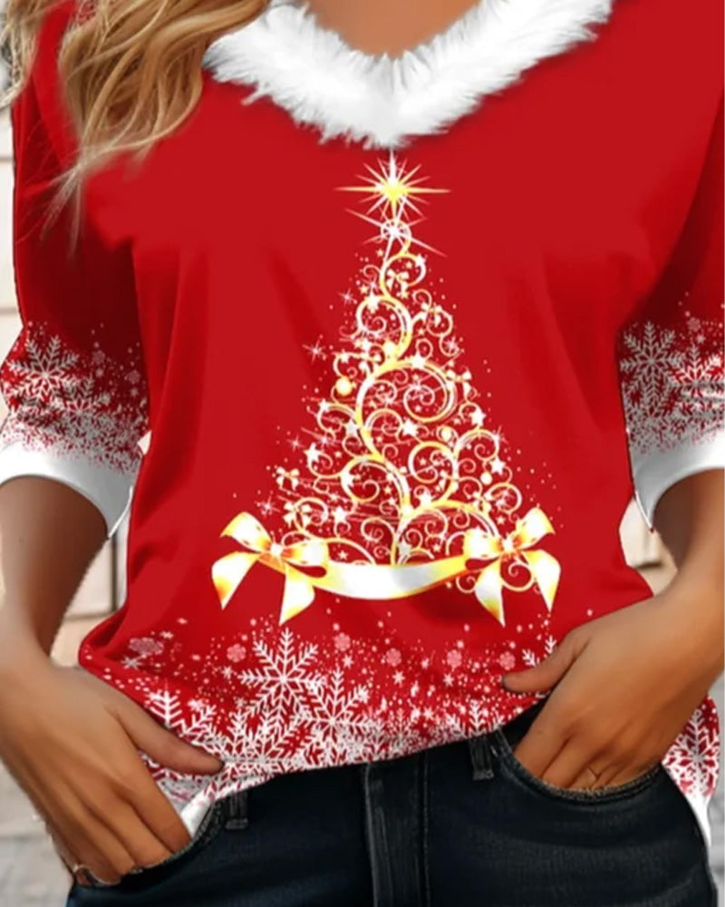 Una | Fluffy Top with V-Neck and Christmas Tree Print