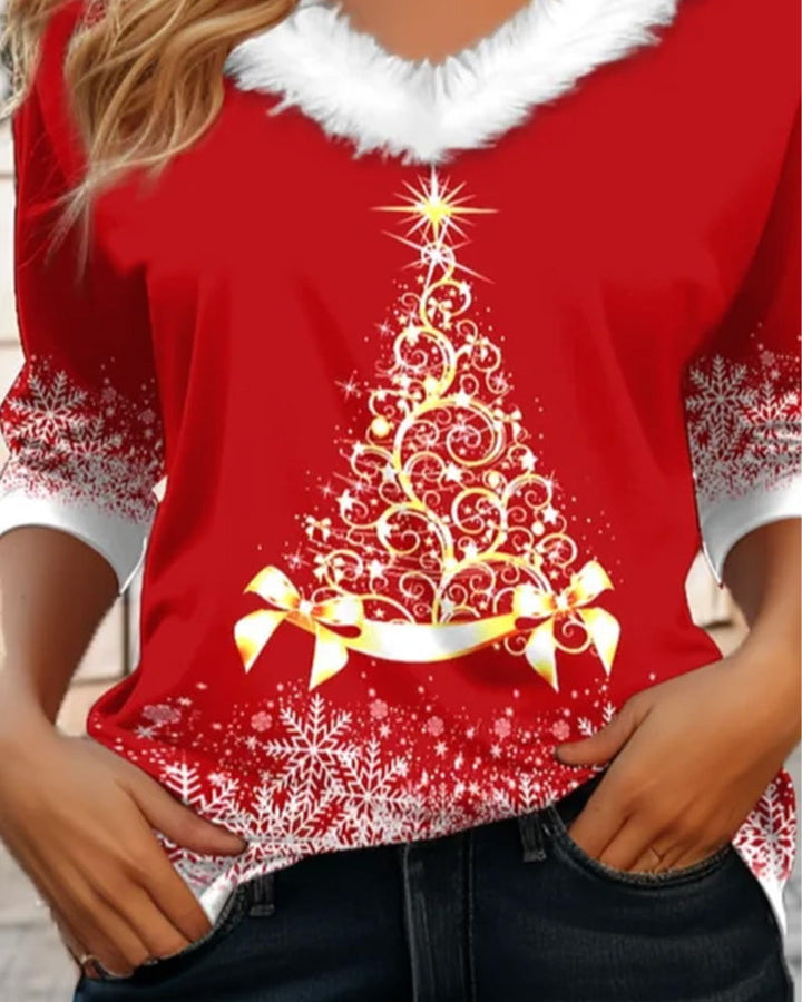 Una | Fluffy Top with V-Neck and Christmas Tree Print