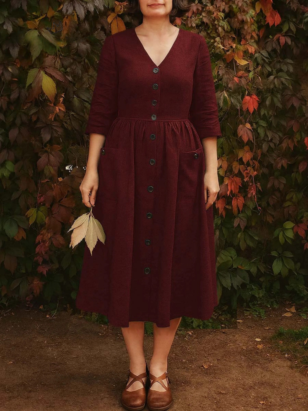 Holly | Solid color cotton and linen casual dress with V-neck and 3/4 sleeves