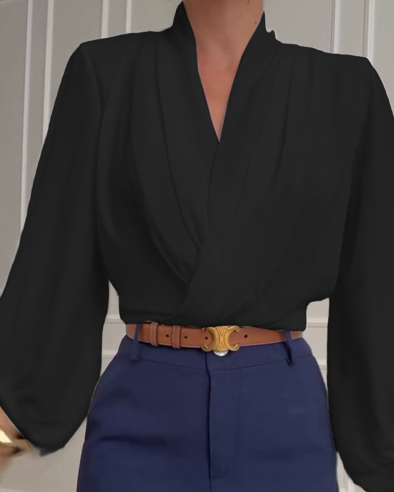 Sky | Trendy Lantern Sleeve Blouse with Solid V-Neck