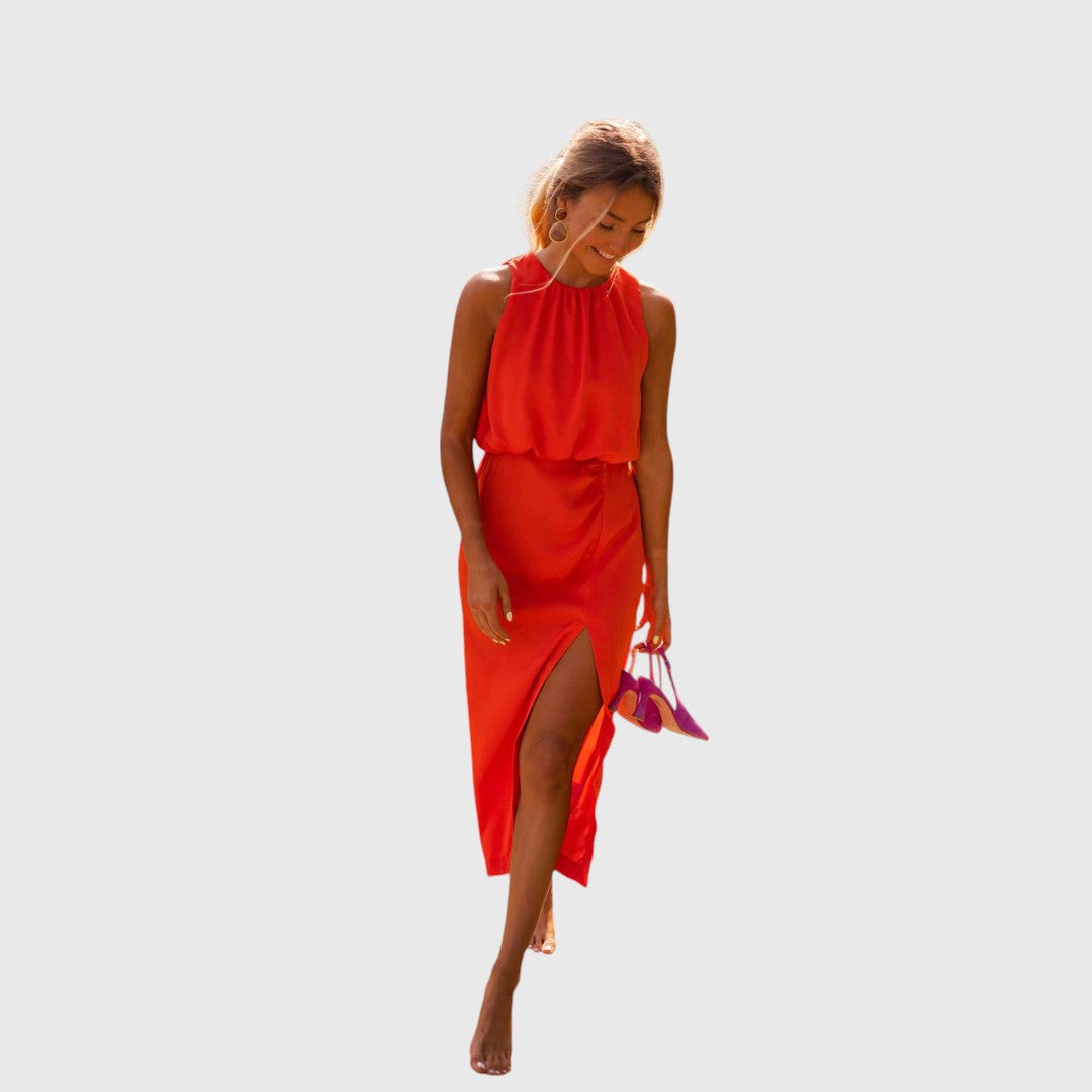 Sally - Halter Slit Midi Dress