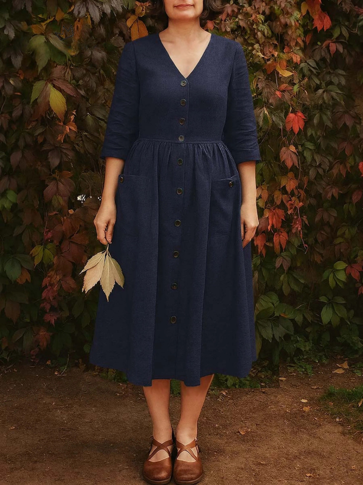 Holly | Solid color cotton and linen casual dress with V-neck and 3/4 sleeves