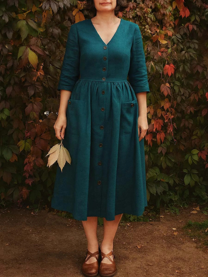 Holly | Solid color cotton and linen casual dress with V-neck and 3/4 sleeves