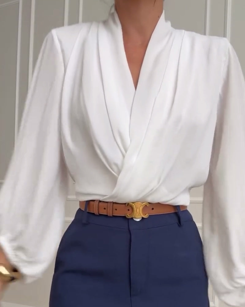 Sky | Trendy Lantern Sleeve Blouse with Solid V-Neck