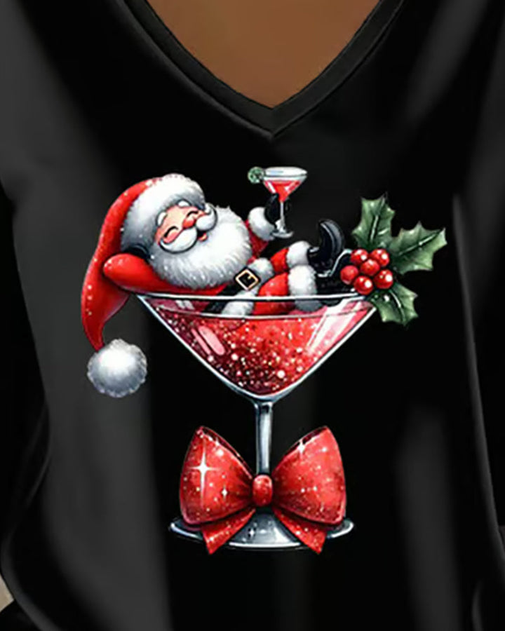 Lavinia | Loose V-Neck Top with Christmas Wine Glass Print