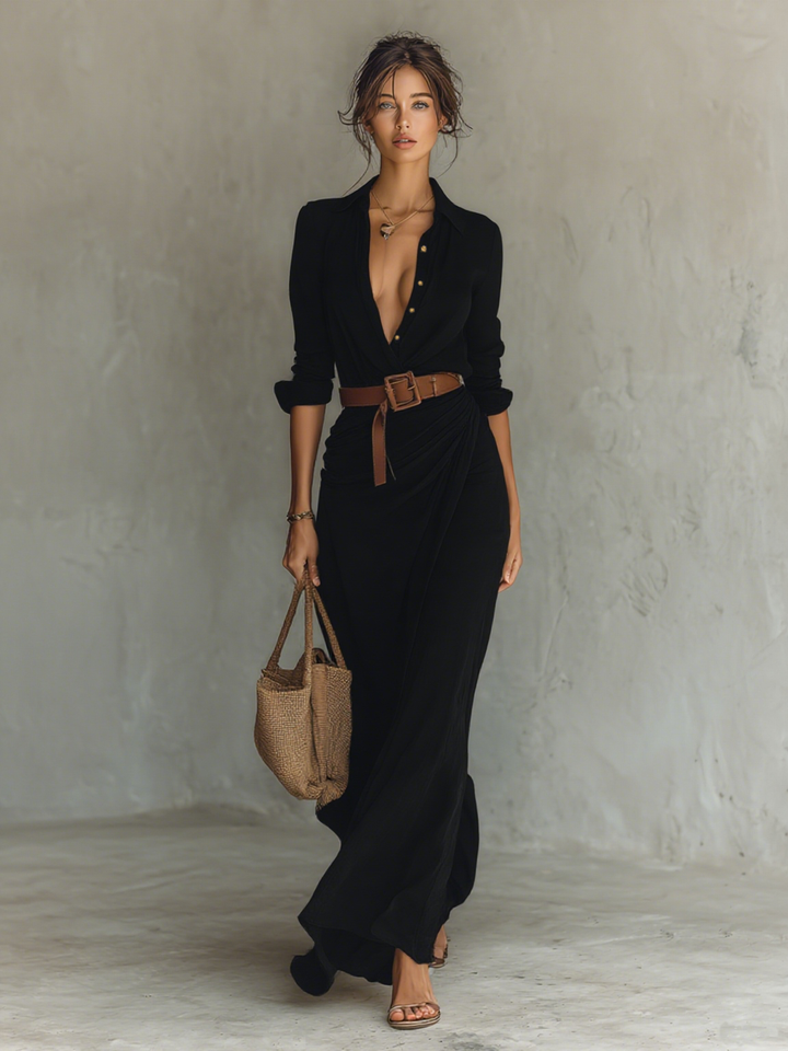 Lindsey - Long Maxi Dress with Notched Collar and Included Belt
