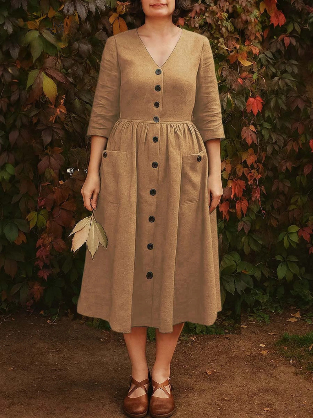 Holly | Solid color cotton and linen casual dress with V-neck and 3/4 sleeves