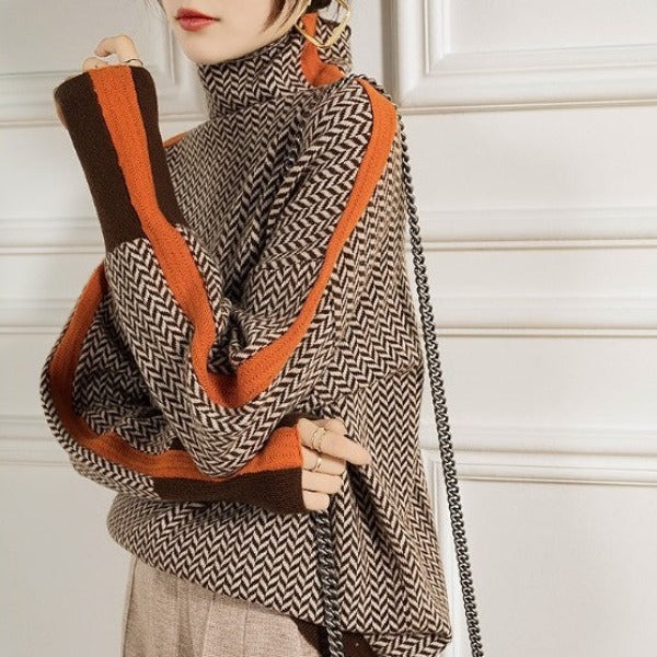 Eloise | Ribbed Turtleneck in Herringbone Elegance