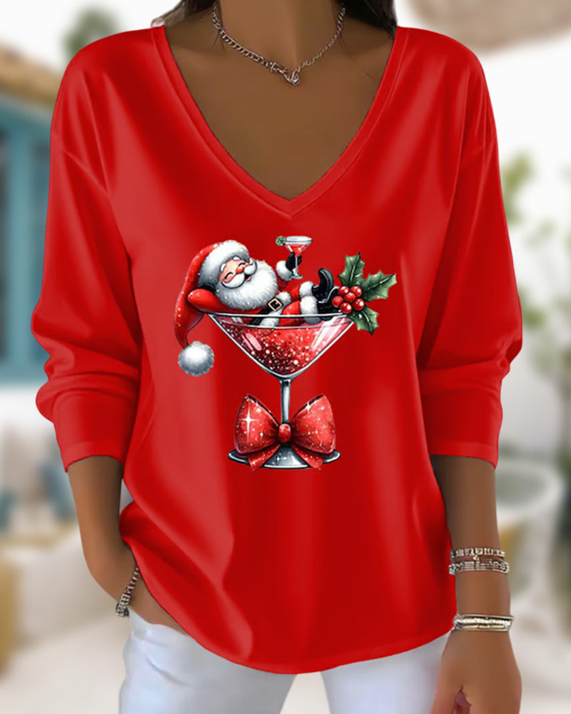 Lavinia | Loose V-Neck Top with Christmas Wine Glass Print