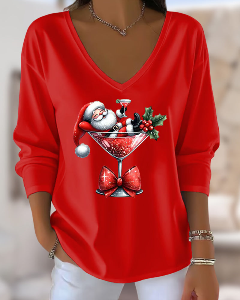 Lavinia | Loose V-Neck Top with Christmas Wine Glass Print
