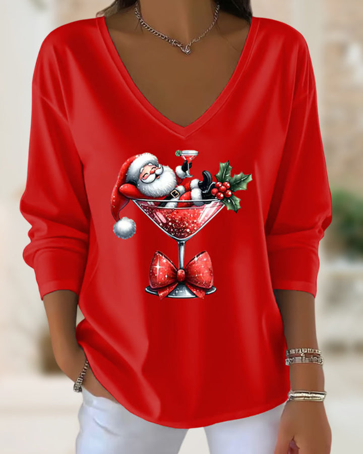 Lavinia | Loose V-Neck Top with Christmas Wine Glass Print