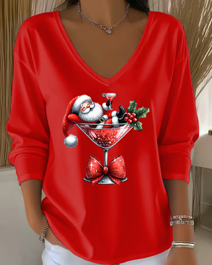 Lavinia | Loose V-Neck Top with Christmas Wine Glass Print