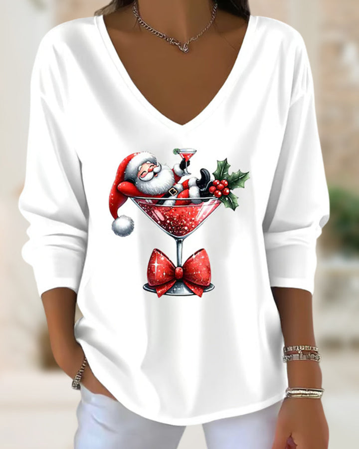 Lavinia | Loose V-Neck Top with Christmas Wine Glass Print