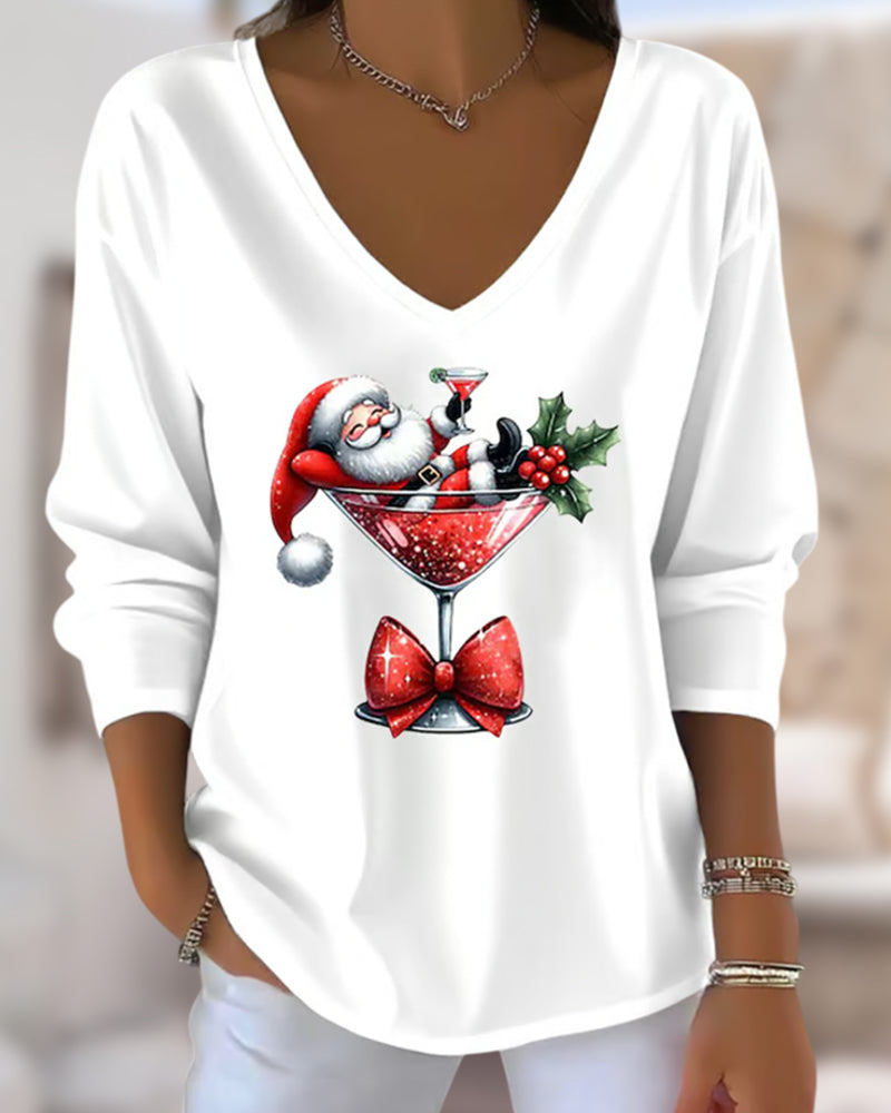 Lavinia | Loose V-Neck Top with Christmas Wine Glass Print